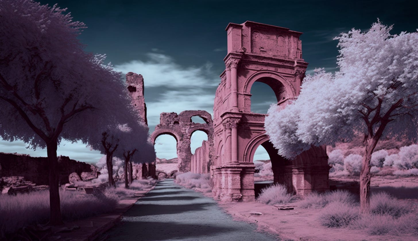 Midjourney prompt: all roads lead to rome during roman empire era infrared