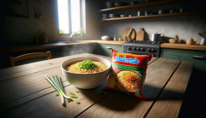 A realistic wide-angle image of a bowl of Indomie instant noodles next to its package. The bowl is simple white ceramic, filled with steaming hot noodles, garnished with chopped spring onions and a sprinkle of fried onions. The Indomie package lies flat next to the bowl, clearly showing its colorful and distinct logo. The setting is a wooden table with natural light illuminating the scene, creating a warm, inviting atmosphere. The image is framed to emphasize a spacious kitchen background.