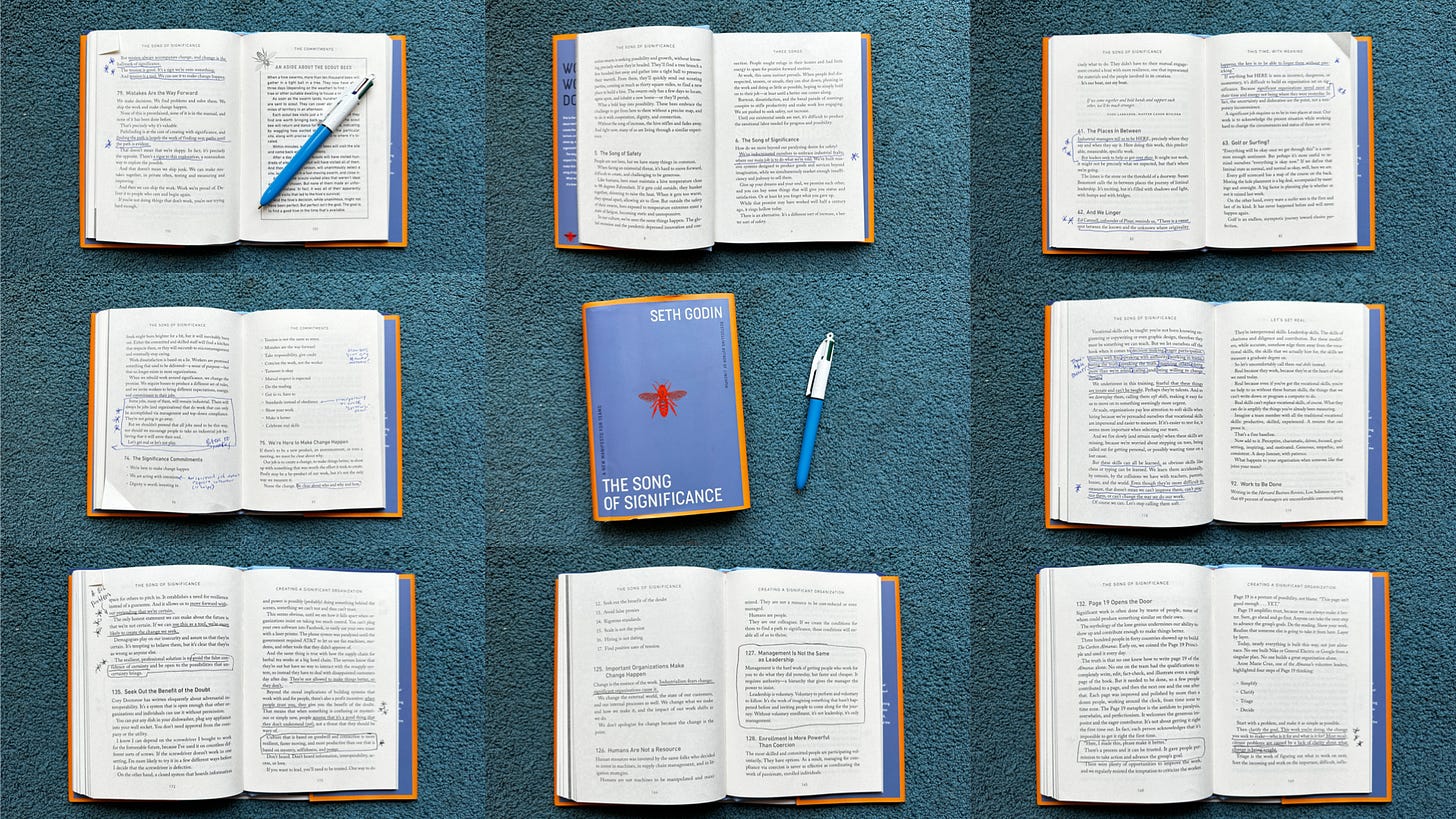 Multiple images of pages inside Seth Godin's book The Song of Significance