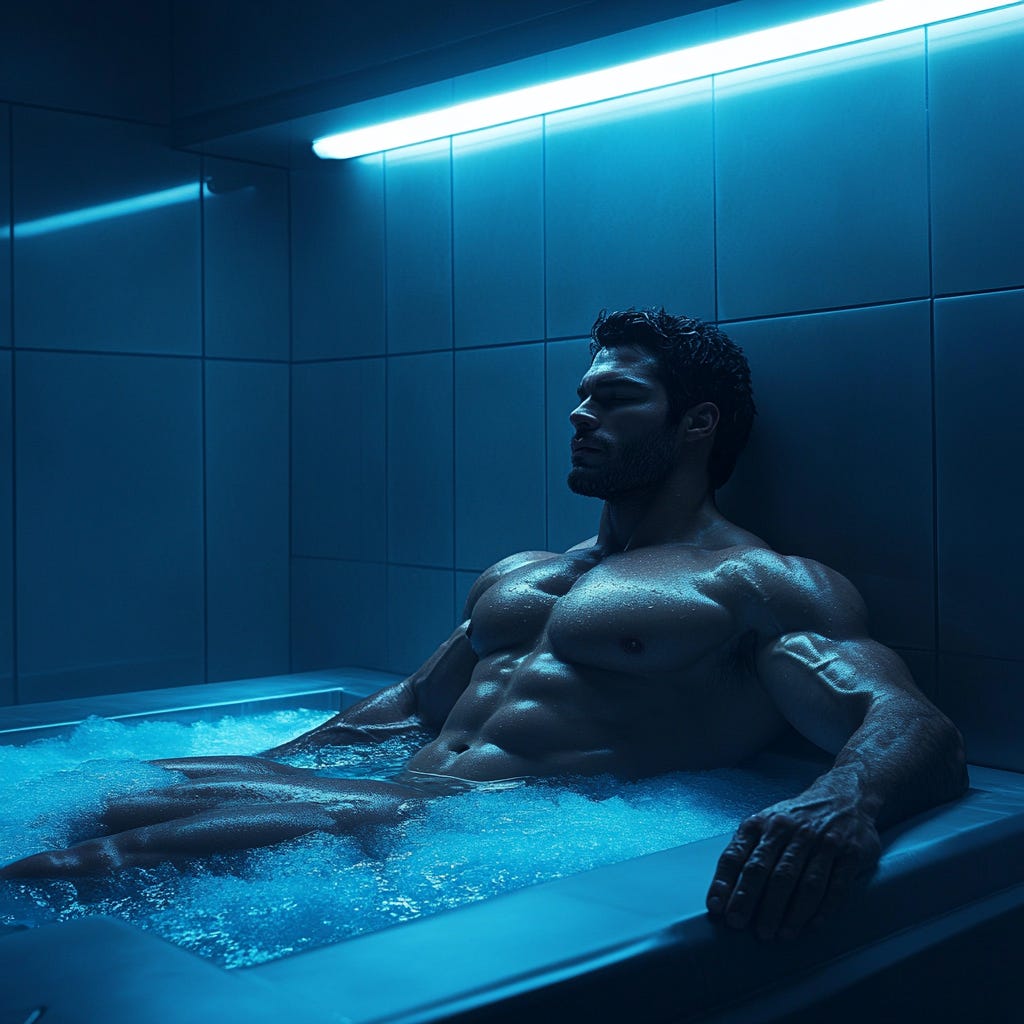 Muscular man sitting in an ice-bath for muscle recovery. 