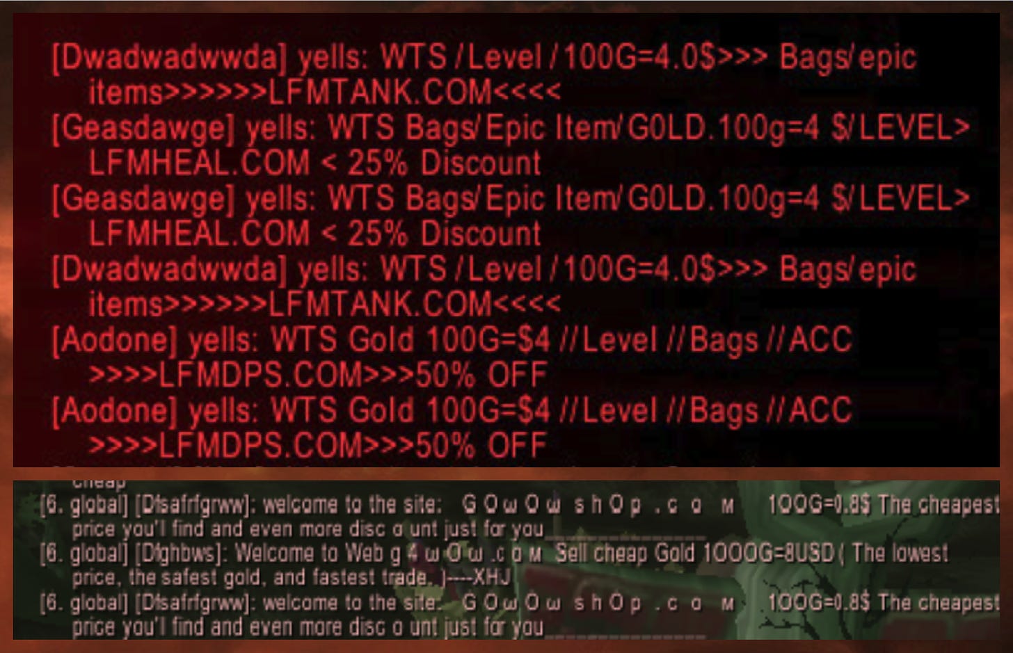 collage of World of Warcraft general chat screenshots showing gold seller spam