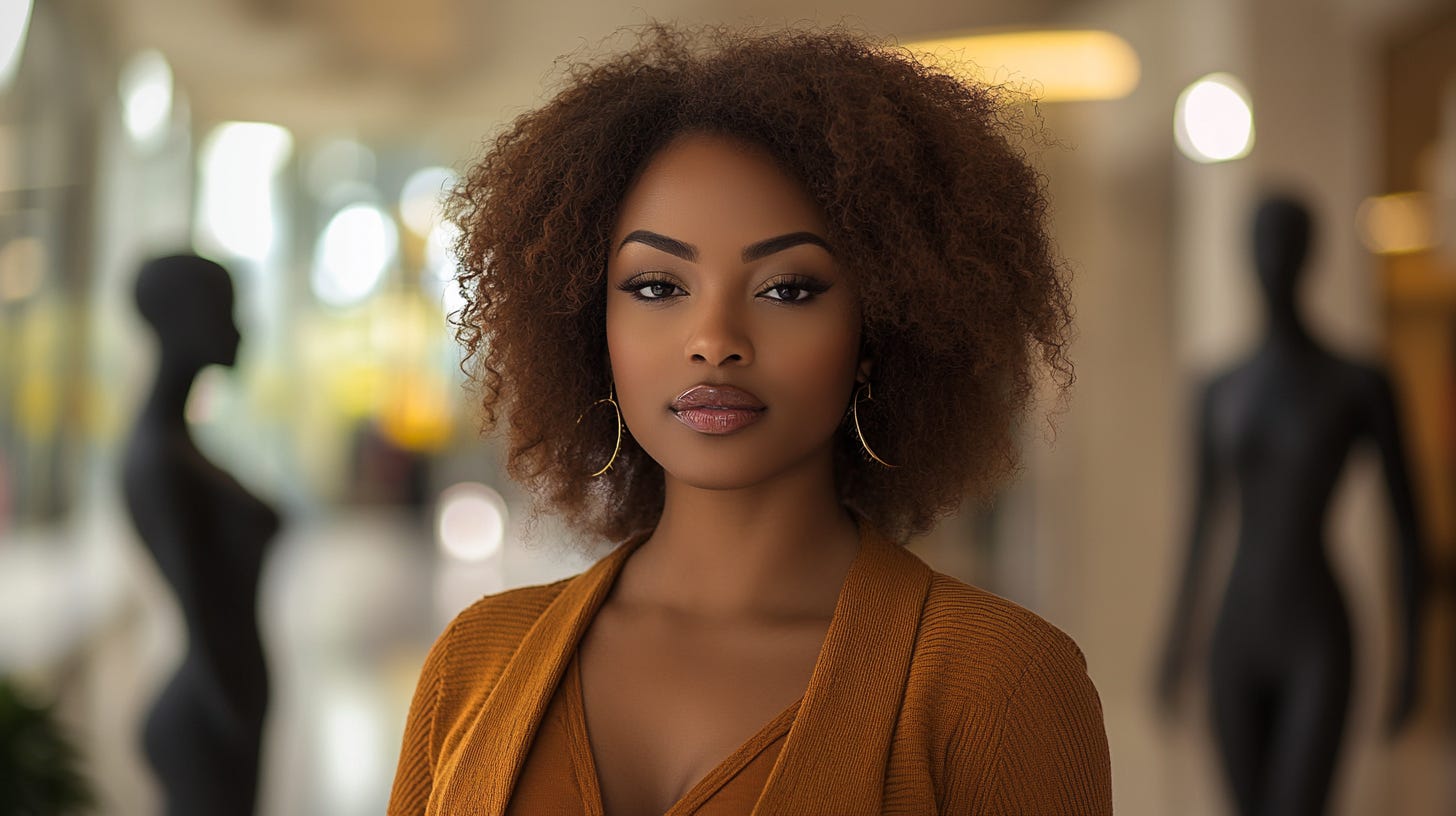 an image of Ruth, a confident Black woman in her late twenties with smooth, brown skin and natural curls falling just past her shoulders. She stands in the middle of a modern, upscale mall, the ambient lighting casting a soft glow on her. 