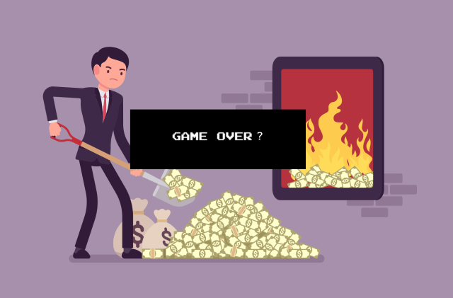 Avatar shovels cash into a furnace with the text 'game over' overlaid