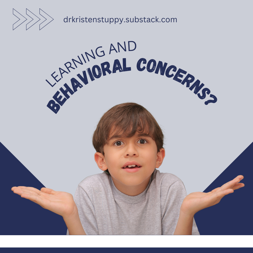 A grey background with dark blue base for contrast. The top has 3 arrows pointing to dr kristen stuppy dot substack dot com. The title reads learning and behavioral concerns in an arch over a picture of a child with a questioning look and his hands in a questioning position