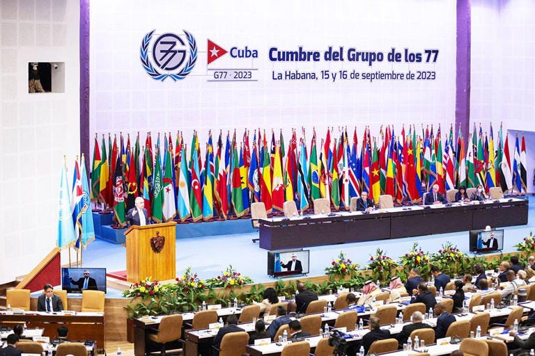 'NEW WORLD ORDER' PUSHED Handout picture released by the Argentine Presidency showing Argentina's President Alberto Fernandez (left) delivering a speech during the G77+China Summit at the Convention Palace in Havana on Friday, Sept.15, 2023. The G77+China, a group of developing and emerging countries representing 80 percent of the global population, gathers Friday in Cuba seeking to promote a 'new economic world order' amid warnings of growing polarization. AFP PHOTO