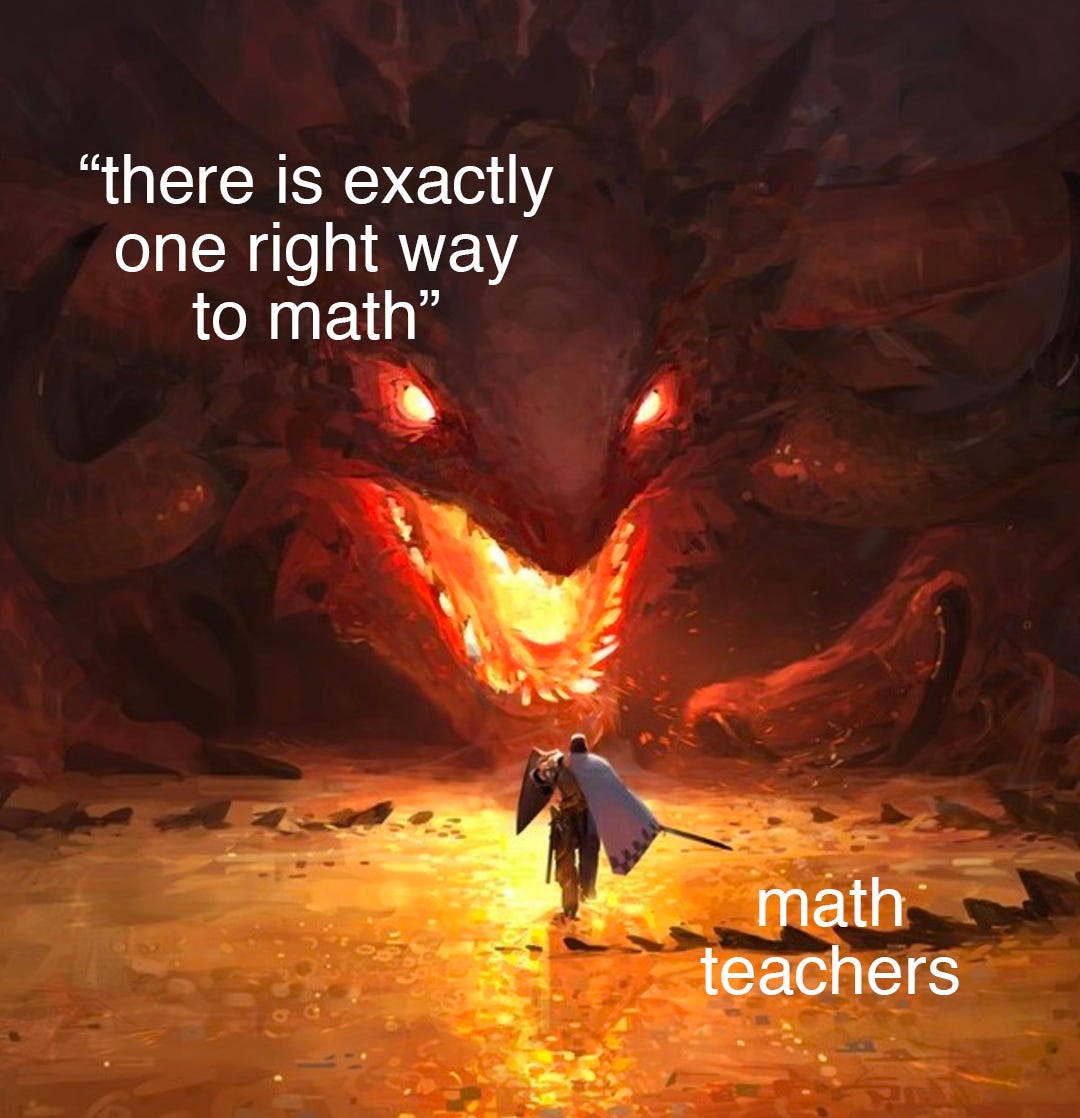 A knight (labeled 'math teachers') and a dragon (labeled 'there is exactly one right way to math').