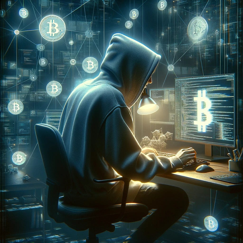 A refined version of the 'Heroes of Subversive Innovation' artwork, focusing on a single, gender-neutral figure wearing a hoodie, deeply engrossed in coding at a workstation. The scene is set in a very shadowy, modern workspace that casts most of the room in darkness, highlighting the glow from a single computer screen displaying complex blockchain data. Subtle digital motifs like floating bitcoins and glowing network connections are visible in the periphery, enhancing the secretive and intense cyberpunk atmosphere.