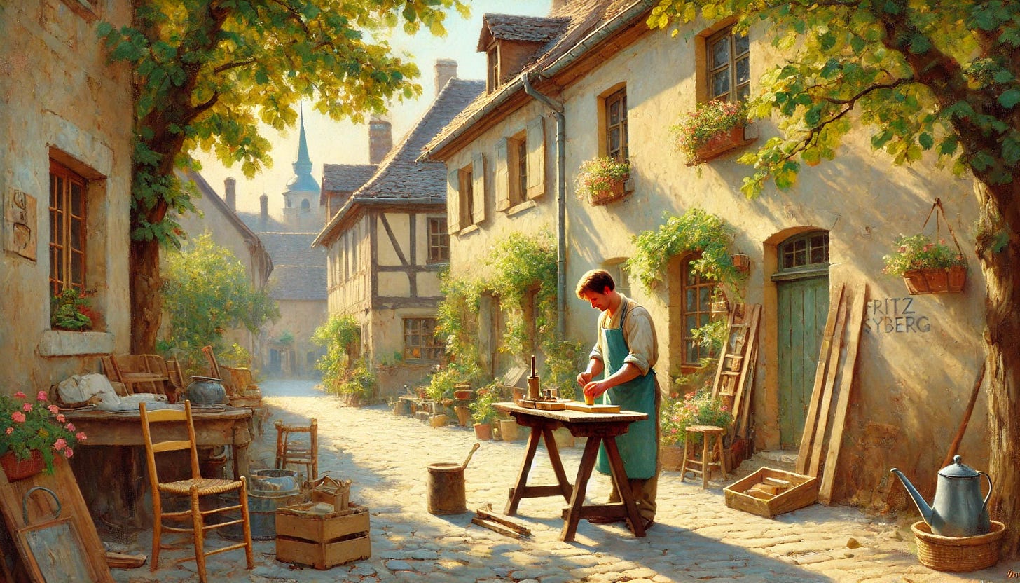 An impressionistic oil painting inspired by Fritz Syberg's style, depicting a man working early in the morning in a quaint European village. The man is dressed in simple clothing, focused on his task, whether tending to tools or arranging goods. The scene is set outdoors, with soft, golden light of the early morning filtering through leafy trees, casting dappled shadows on the cobblestone street. Old European buildings with weathered facades and tiled roofs provide a charming backdrop, adorned with flower boxes and small details of everyday life. The color palette is gentle and pastel-like, featuring soft greens, pale blues, warm creams, and golden hues, capturing the essence of a peaceful, sunny morning. The composition emphasizes calm diligence and harmony with the tranquil surroundings in a wide aspect view.