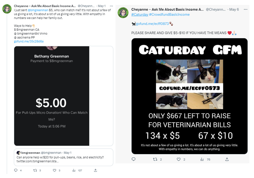 Screenshot of two tweets about crowdfunding
