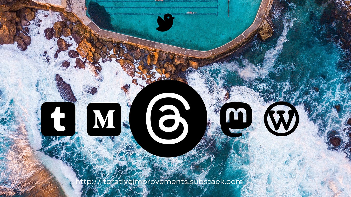 image of a pool by the coast of the ocean. the walled pool has the twitter logo. The ocean has threads logo, mastodon, wordpress, tumblr and medium logos