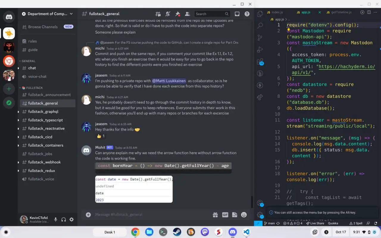 Discord and VS Code running on a Chromebook