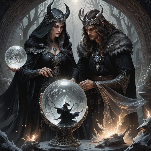 Medieval couple looks at a crystal ball.