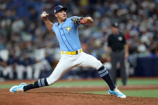 Robert Stephenson of the Tampa Bay Rays pitches during the game between the New York Yankees and the Tampa Bay Rays at Tropicana Field on Sunday,...