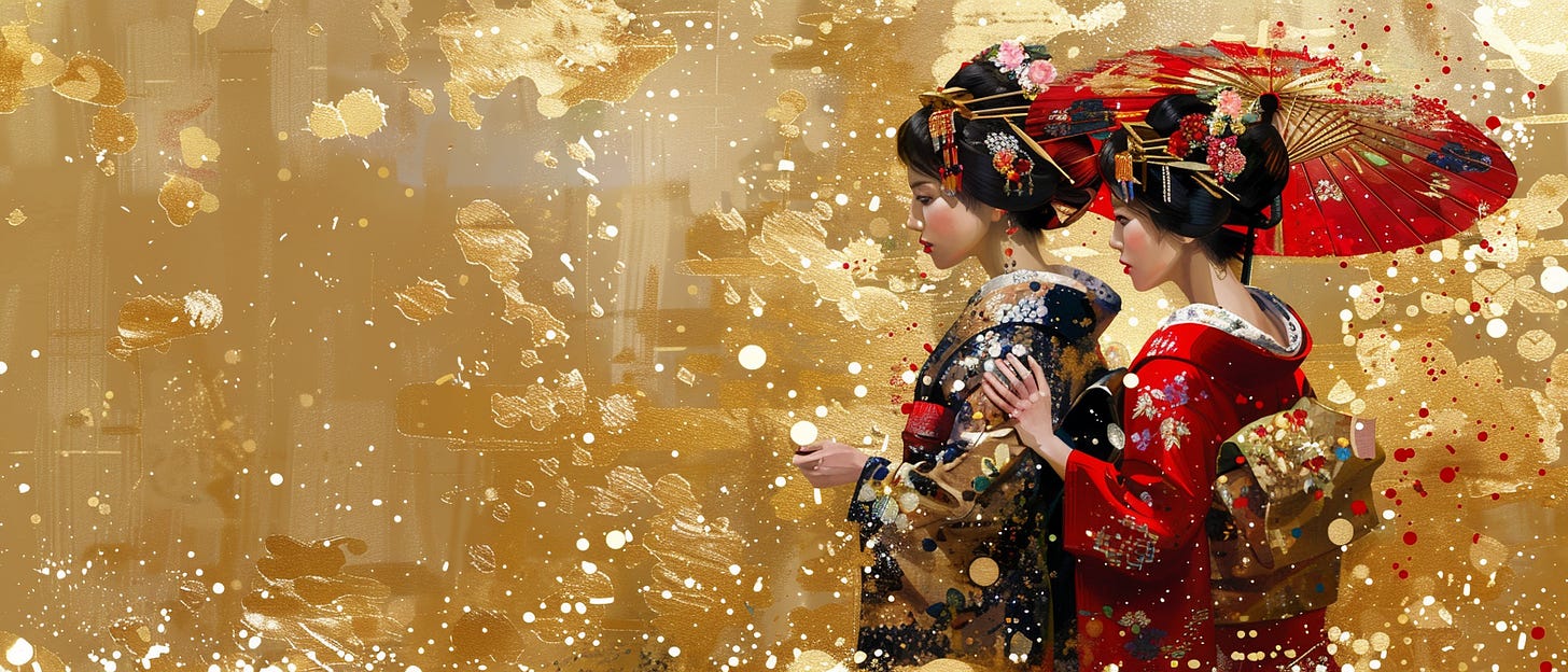 Artistic representation of two women in traditional Japanese kimono and elaborate hairstyles, set against a golden backdrop with splattered paint and sparkling lights, conveying a sense of motion and festivity.
