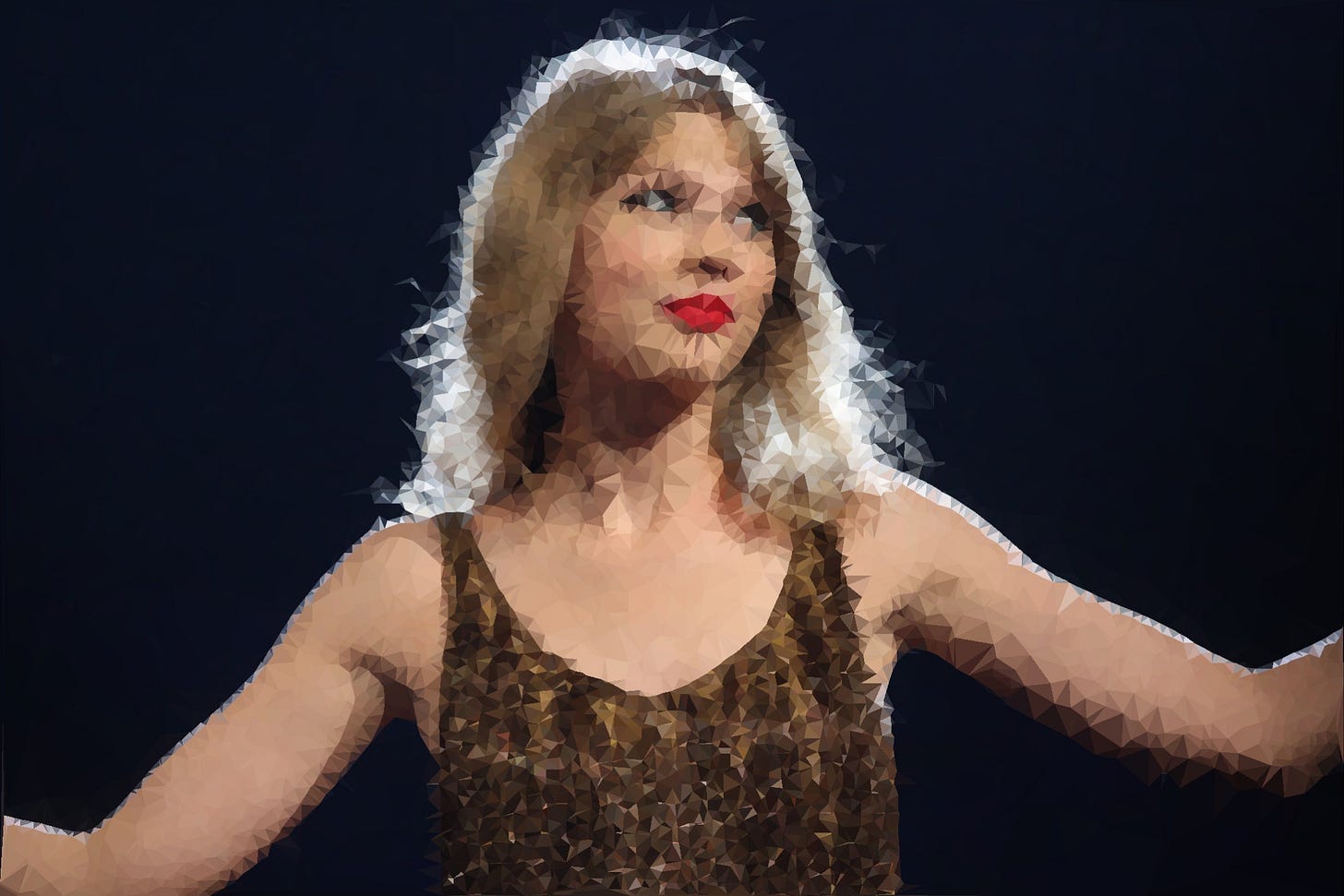 A strangely pixelated photo of singer Taylor Swift onstage, wearing red lipstick and a gold dress.