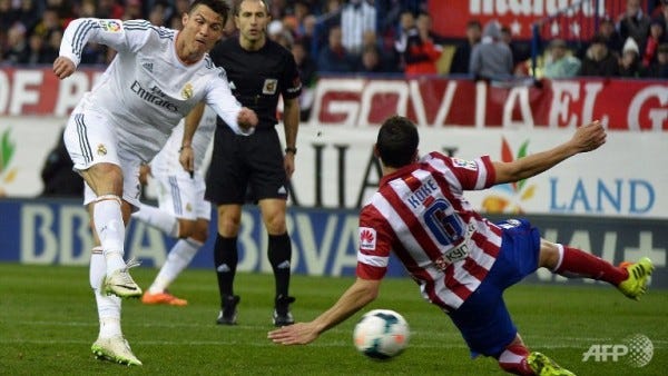 cristiano ronaldo kicking ball or atletico madrid for real madrid la liga 2015