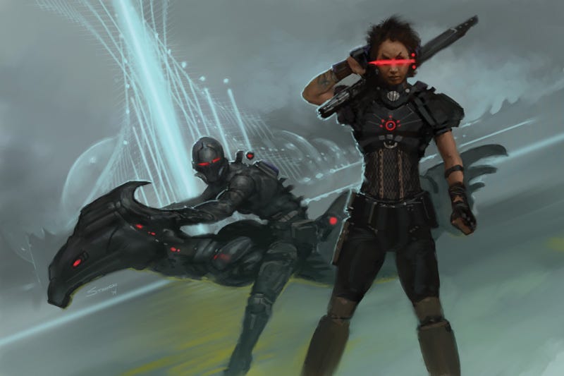 Powerful, futuristic warrior stands with her plasma rifle while a robotic companion sits on a flying cycle behind her. In the background, there is a structure made of light.