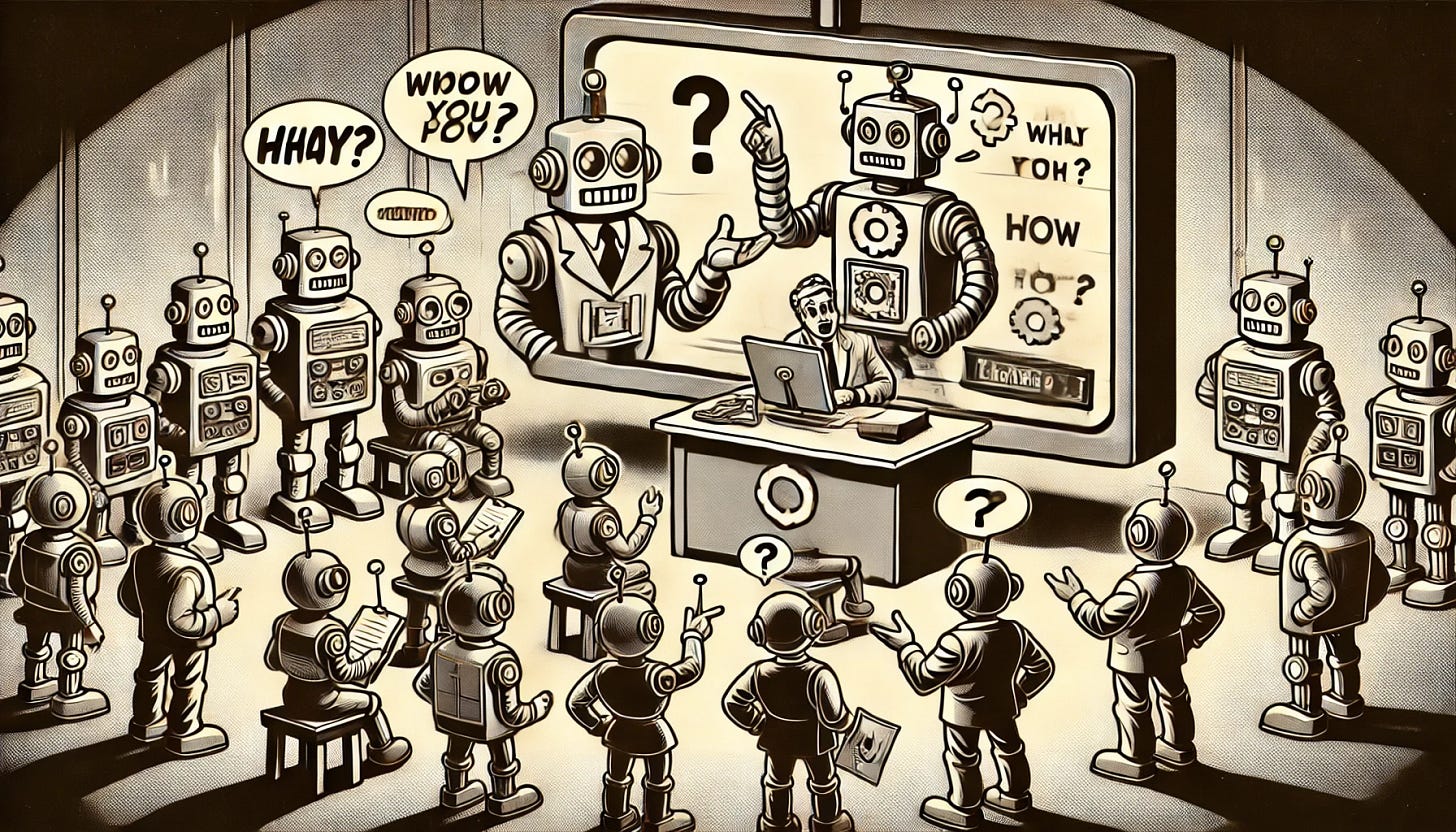 A black and white cartoon-style illustration in a retro style, featuring a group of robots gathered around a large screen, asking questions to another robot displayed on the TV. The robots are gesturing excitedly, some holding clipboards or pointing at the screen, while the robot on the TV looks confident and is responding as if leading a discussion. The scene captures a lively and interactive moment, blending vintage cartoonish elements with the futuristic theme of robots communicating. The atmosphere is dynamic and animated, emphasizing engagement and curiosity.