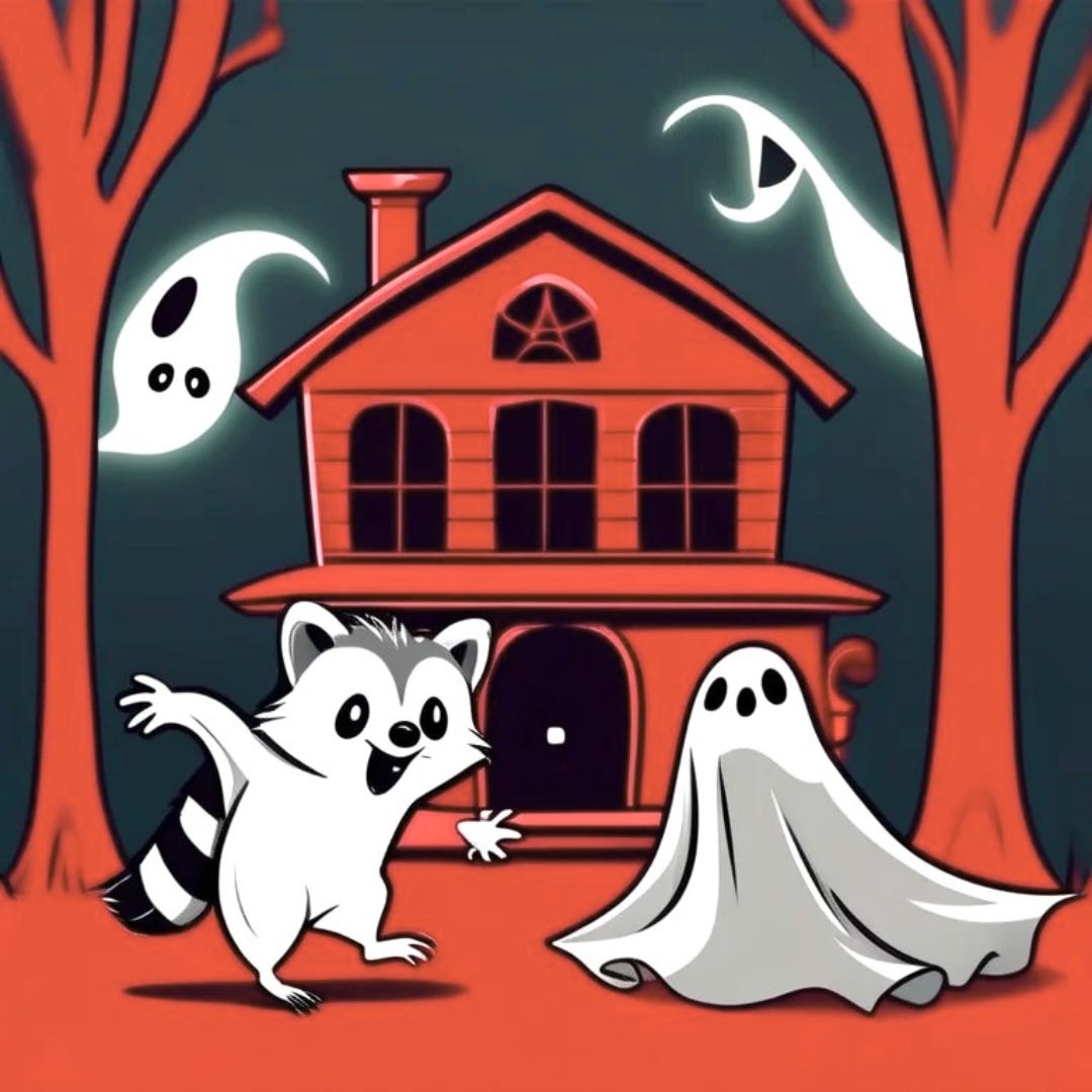 A cartoon of a haunted house with a raccoon out front and a ghost, with ghosts flying in the background