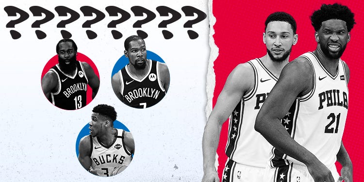 [art design by @zrjaved, photo credit: Durant: (Photo by Maddie Meyer/Getty Images), Giannis: (Photo by Stacy Revere/Getty Images), Harden: (Photo by Mitchell Leff/Getty Images, Embiid &amp; Simons: (Photo by Mitchell Leff/Getty Images)]