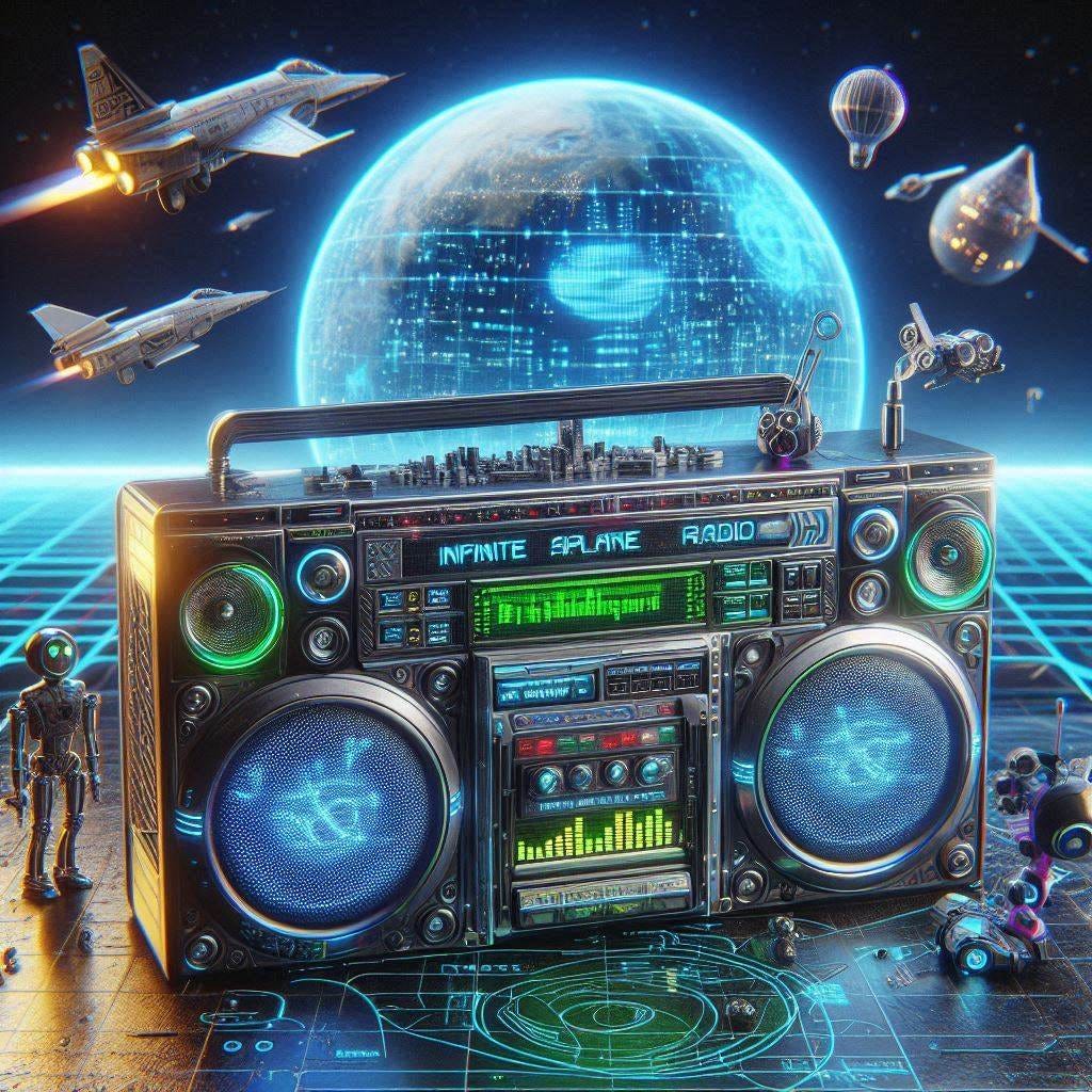 cyber boom box with station "INFINITE PLANE RADIO"