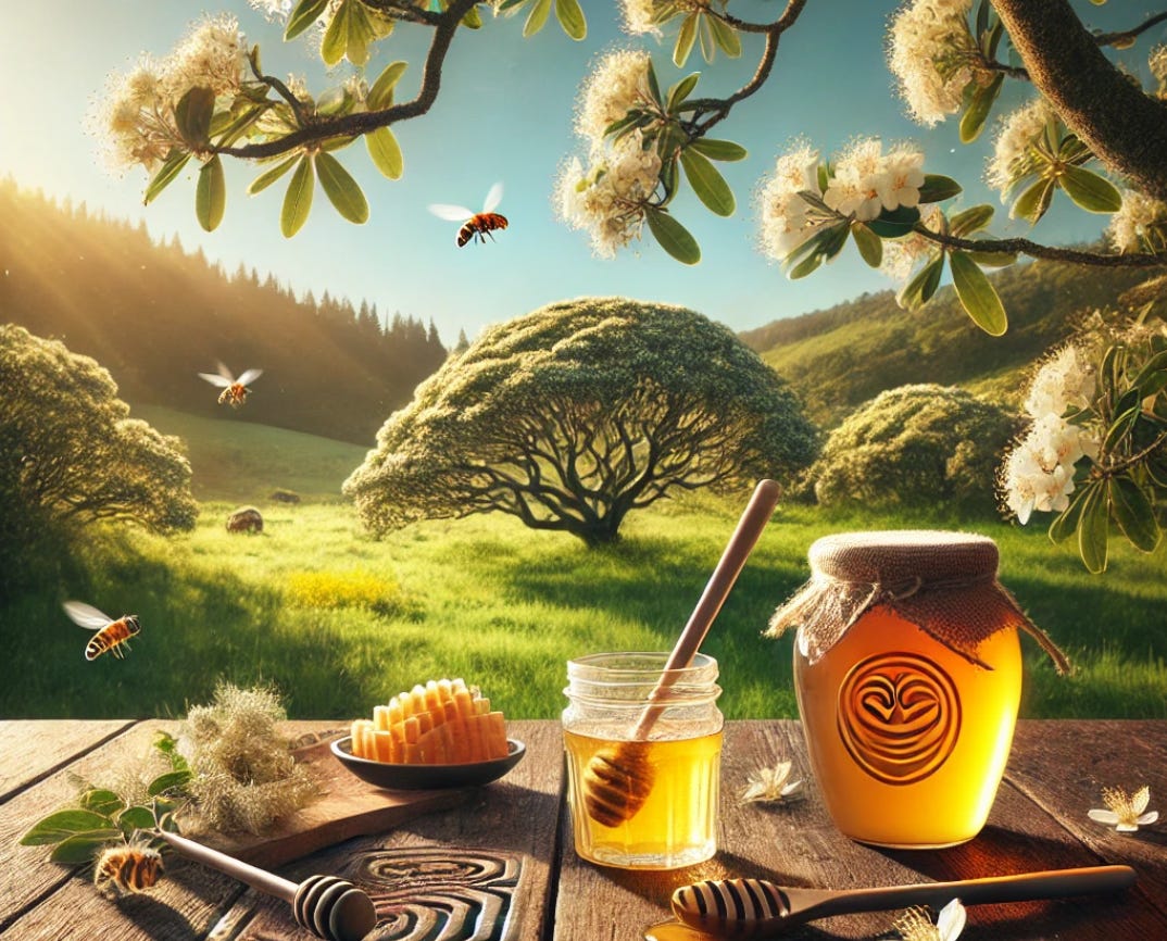 A table with honey and a jar of honey

Description automatically generated