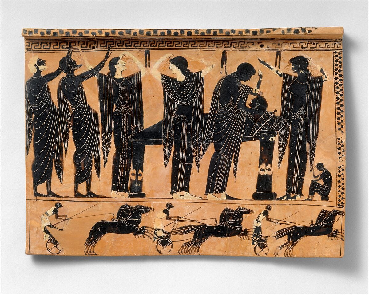 Terracotta funerary plaque showing commemoration of the dead and chariot games to commemorate the deceased