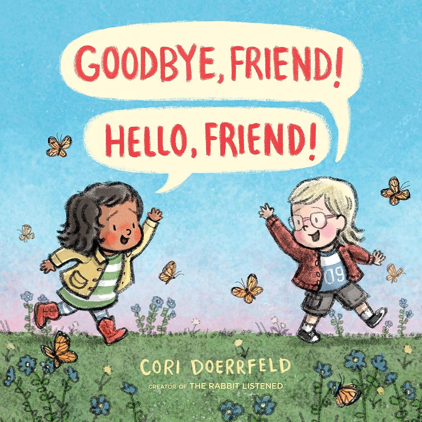 Cover image of Goodbye Friend! Hello Friend!, in which two children are cheerfully waving at each other against a blue sky, walking in grass and flowers.