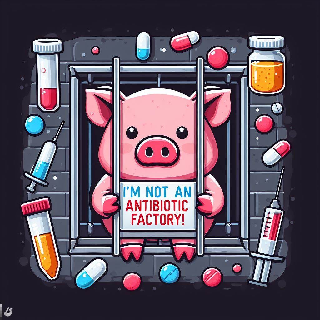 A pig in a cage on antibiotics