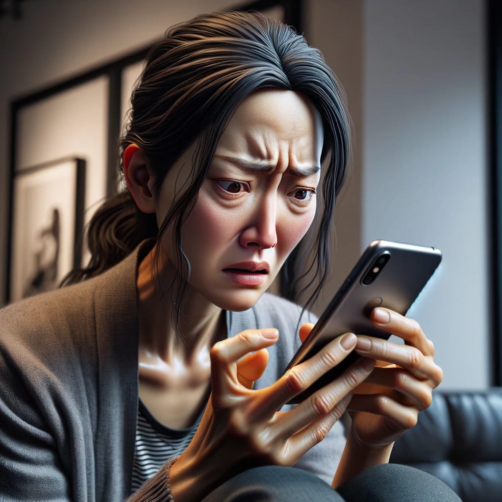 Recreate the scene with a Chinese woman reading something unpleasant on her partner's cellphone, this time with a slightly less dramatic facial expression and less wrinkling in the forehead. The woman's emotional turmoil—shock, disbelief, and sadness—is still evident but conveyed more subtly. Her facial features should reflect a more restrained reaction, with a focus on a realistic portrayal of a moment of personal upset. The setting remains contemporary, like a living room or cafe, and her hands are depicted normally, with a standard number of fingers and knuckles. The background should be neutral, emphasizing the emotional intensity of the moment in a more subdued manner.