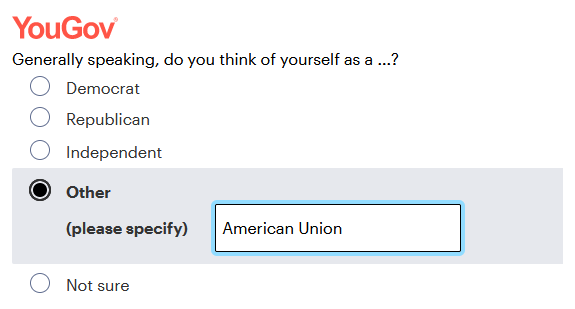 A screenshot of a Yougov survey shows support for the American Union