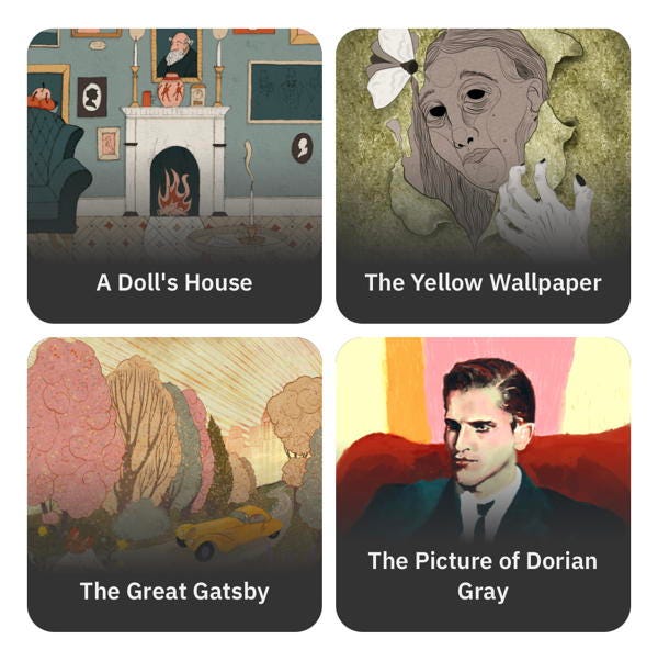 Book covers of A Doll's House, The Yellow Wallpaper, The Great Gatsby, and The Picture of Dorian Gray