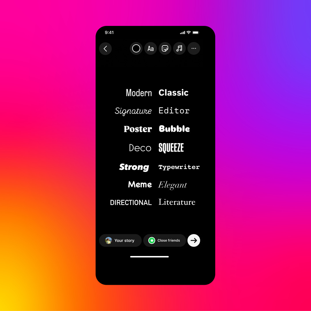 Instagram screenshot showing the 14 fonts now available in Reels and Stories