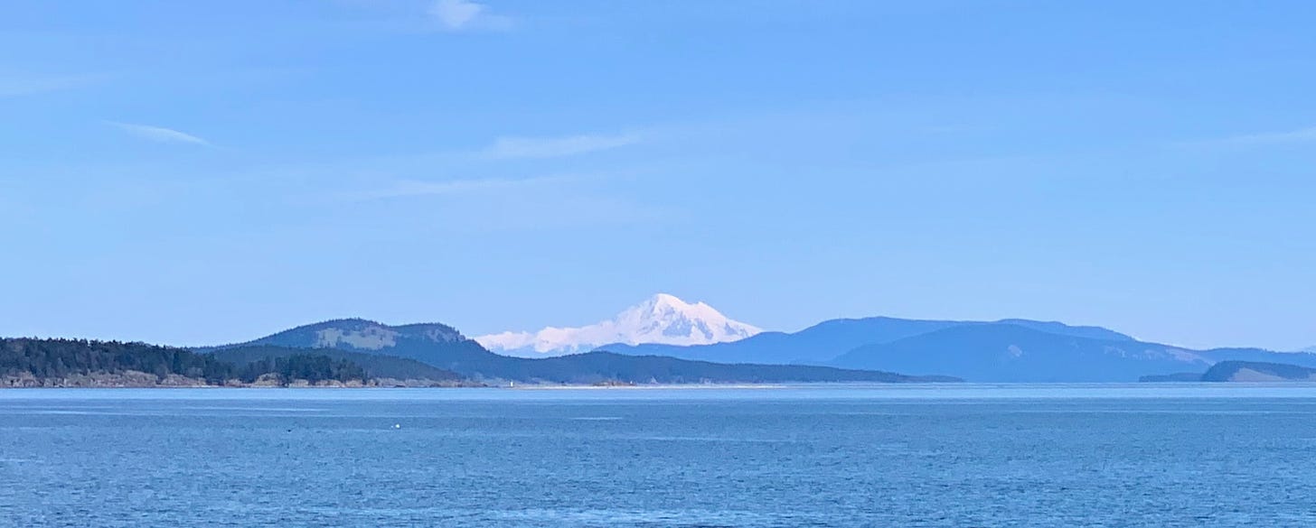 A photograph with sea in the foreground. In the background are blue mountains, and then behind them, in the far distance, a huge mountain rises, covered with snow. The sky has only wisps of clouds here and there.