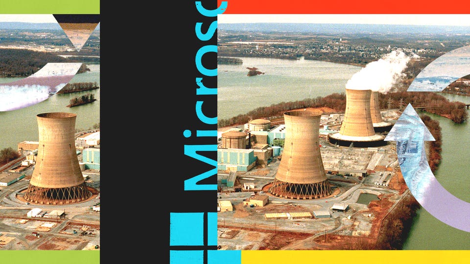 An illustration of the Three Mile Island nuclear power plant with a Microsoft logo