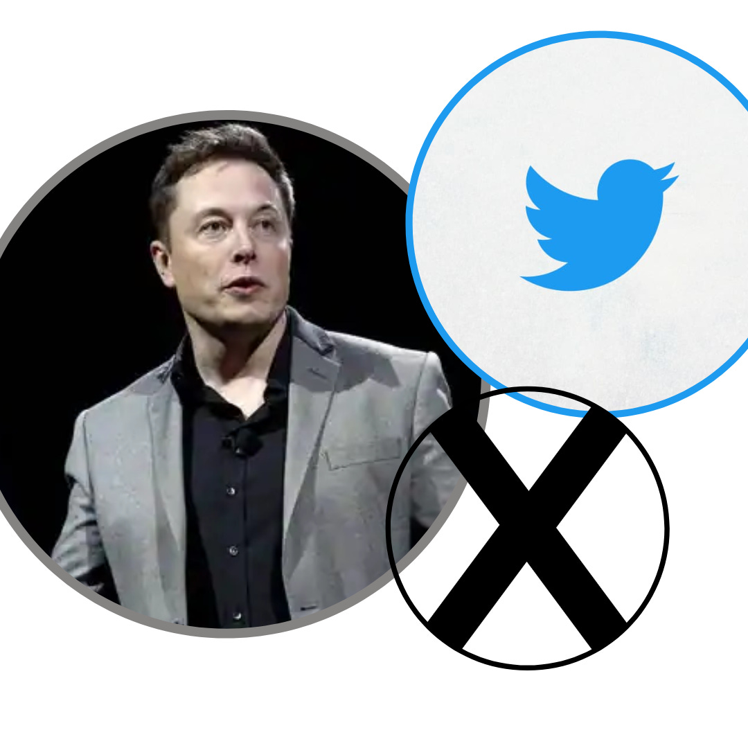 Foto de Elon Musk, logo de Twitter, letra X.