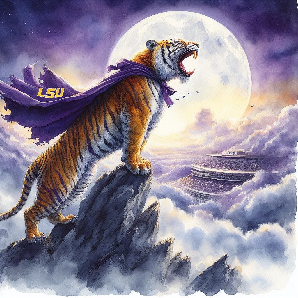 The LSU tiger roaring into the great void from the top of a mountain, watercolor