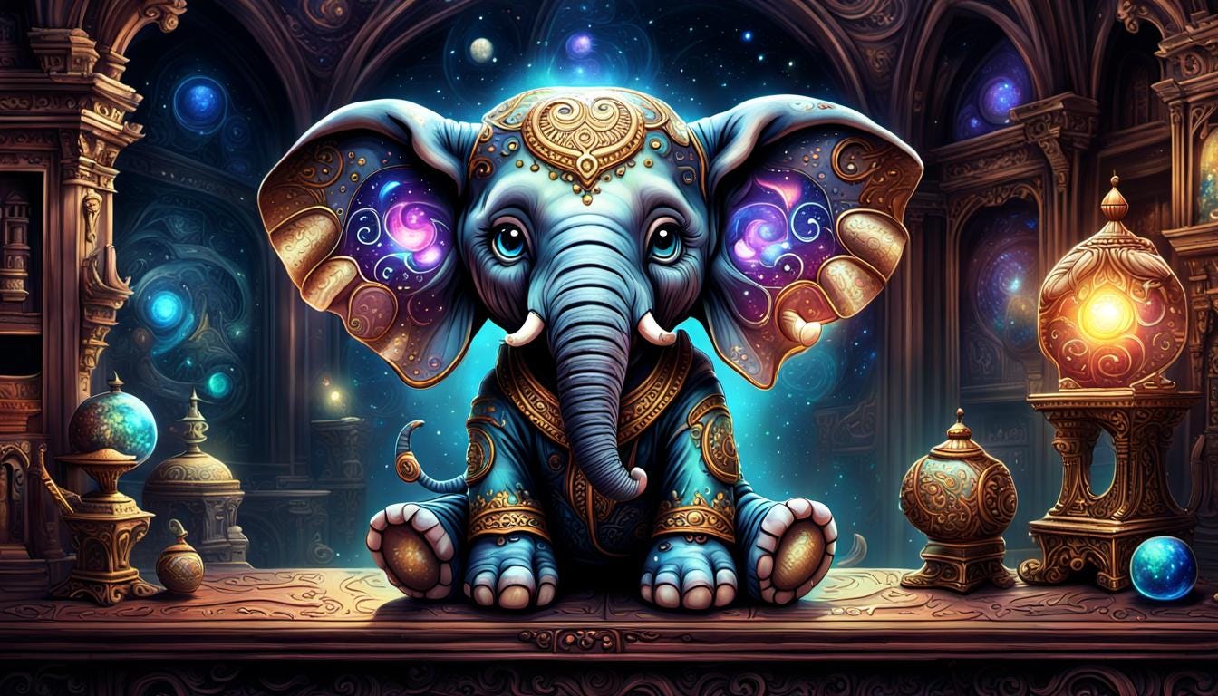 Image of a cute elephant sitting on a desk. Generated with the assistance of Night Café AI exclusively for Cheryl Evans, Business Witch Academy.