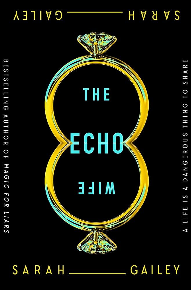 Book cover for The Echo Wife, which features a mirrored wedding ring against a black background.