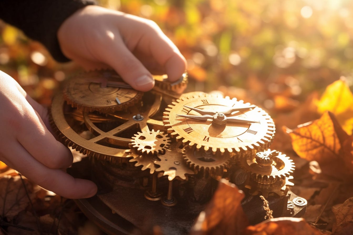 Hands maintaining a complicated steampunk device in an autumn scene.