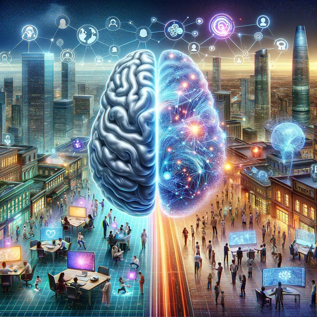 A conceptual image representing two major AI developments. On one side, a large, transparent, and detailed AI brain represents Meta's new free AI model, symbolizing openness and accessibility. The brain is surrounded by diverse researchers interacting with it, showcasing global research efforts. On the other side, a dynamic, modern cityscape filled with startup buildings, glowing with energy, represents OpenAI's investment in AI startups. Overhead, digital connections and data streams link the buildings, indicating collaboration and innovation. The scene is vibrant and futuristic, emphasizing the impact of AI on society and technology.