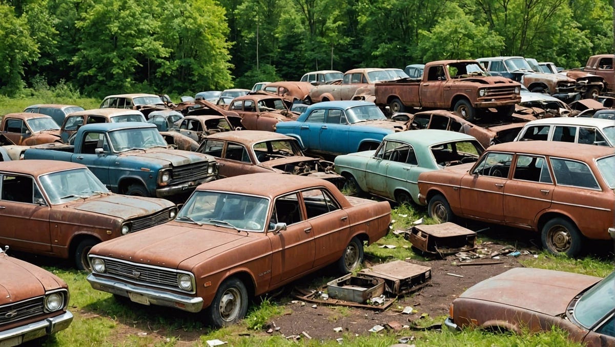 cars and trucks in scrapyard