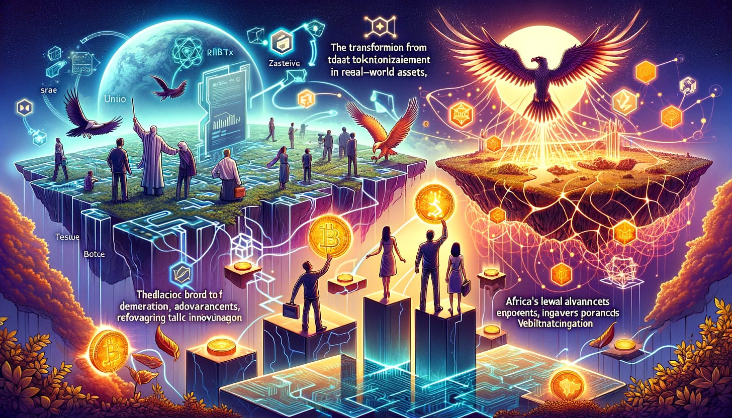 Create a 16:9 image for a newsletter section on the transformative impact of blockchain technology on RWA tokenization, legal advancements, and digital finance innovation, including:

1. A diverse group of people connecting puzzle pieces that form a digital token, symbolizing the democratization of investment in real-world assets, highlighting CurioInvest's role.

2. The transformation from Tassets to Zoniqx represented by a phoenix rising or a digital interface evolving, showcasing the innovative leap in asset tokenization through TALM.

3. Zetrix and Web3Labs coming together through merging streams of code or intertwining digital vines, symbolizing their collaboration in fostering Web3 startup growth.

4. Japan's legal environment visualized as a gateway between traditional elements and a digital blockchain landscape, representing legal advancements empowering VCs in Web3.

5. Africa illuminated by digital networks and tokens, emphasizing the continent's tokenization potential.

6. A digital bond or blockchain ledger bridging continents or legal jurisdictions, featuring Baker McKenzie's advisory in the first cross-border digital bond pilot.

7. Iowa with digital assets integrated into commercial transactions, redefining tokenized RWAs as personal property.

The background should weave these elements into a cohesive narrative that emphasizes innovation, accessibility, and global transformation in finance and legal structures through blockchain, without futuristic aesthetics.