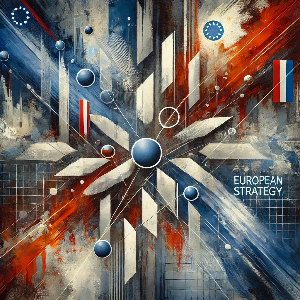 An abstract painting depicting European defense strategy and shifting geopolitics. The artwork features interconnected angular shapes representing alliances, overlaid with streaks of red and orange symbolizing tension and urgency. A deep blue and gray background conveys stability and uncertainty, while layered textures and bold brushstrokes create a sense of movement and change.