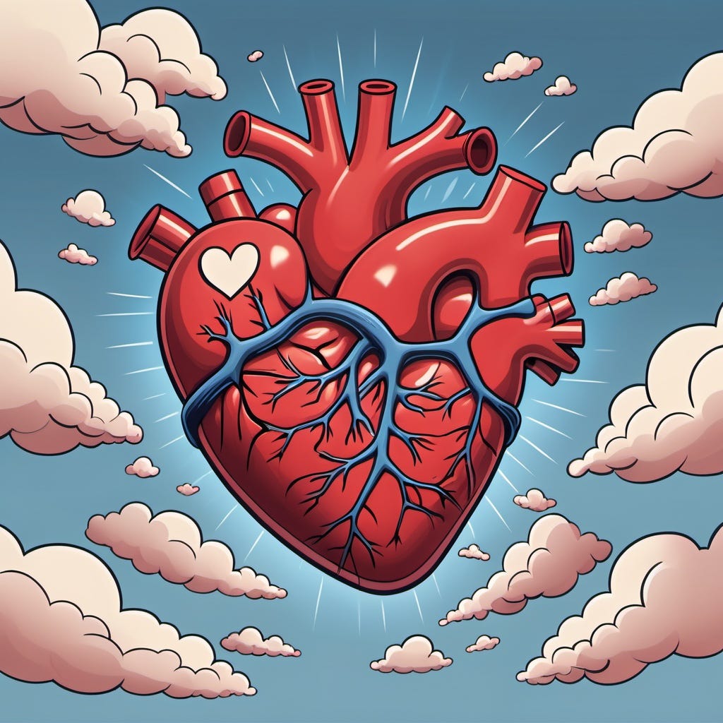 A cartoon anatomical heart in the sky