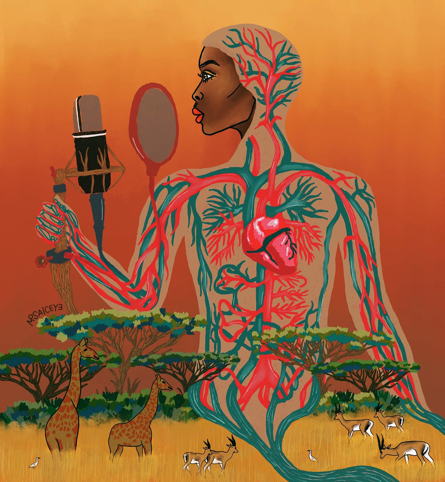A colorful surrealist painting of a woman's body coming out of trees and tall grasses filled with giraffe and antelope, the person is holding a mirror and microphone up to their face, their body shows exposed heart and veins 