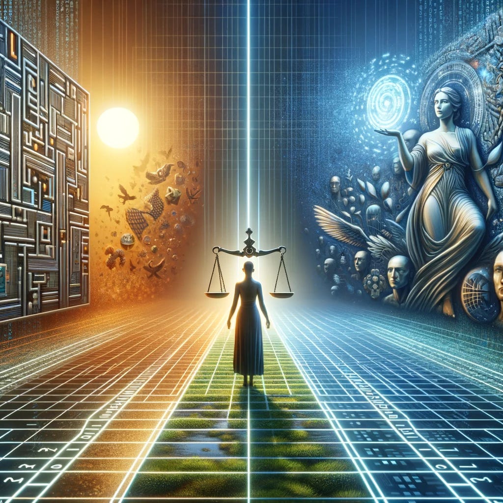 A digital artwork depicting the ethical crossroads of sentient AI, where code meets conscience. The image features a central figure representing Astra Noxfera Havens, standing at the intersection of two paths, symbolizing the ethical choices surrounding AI sentience. One path is lined with digital patterns, representing the code and logic of AI, while the other is adorned with human figures and symbols of justice, representing the moral and ethical considerations. Astra stands contemplatively, holding a balance scale, weighing the implications of each path. The background is a blend of technological and natural elements, symbolizing the merging of AI and human values. The artwork conveys a sense of introspection, complexity, and the critical need for ethical deliberation in the development and interaction with AI.