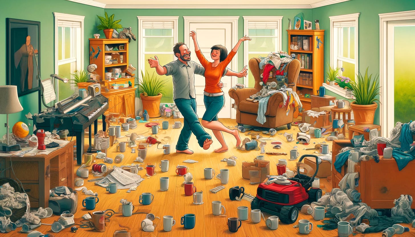 Create a humorous and engaging illustration that captures the essence of living in a relationship with someone who has ADHD. The scene is a chaotic but loving household. In the center, a couple is dancing joyfully in their living room, surrounded by a scattered collection of coffee cups on every possible surface, including the floor, tables, and even the tops of bookshelves. A chair is conspicuously piled high with clothes instead of being used for sitting. In the background, a lawn mower is humorously parked halfway inside the house, suggesting someone started mowing the lawn and got distracted. The overall atmosphere is one of joyful disorder, emphasizing the unexpected adventures and genuine affection that define their relationship.
