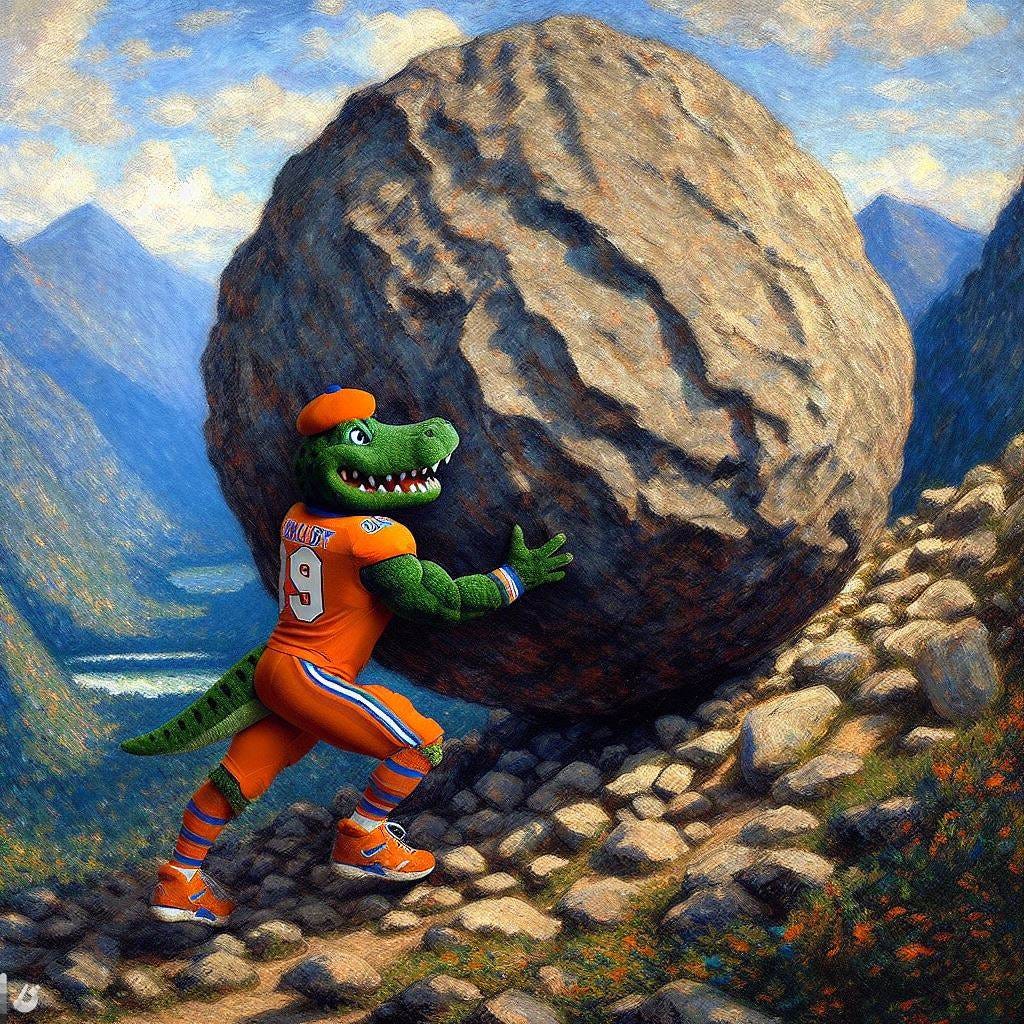 The Florida Gators mascot rolling a giant boulder up the side of a mountain, in the style of Claude Monet