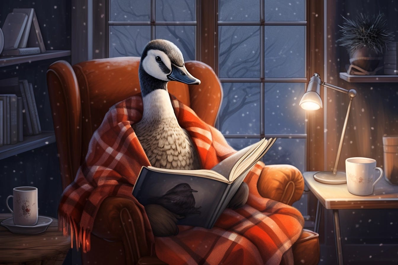 A computer generated illustration of a Canadian goose wrapped in a blanket, sitting in an armchair, and reading a book. They are reading in a cozy corner of a cabin with tea and books all around.